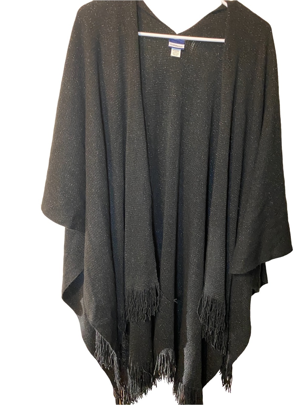Croft & Barrow Black Sparkle Metallic Open Front Poncho Wrap Fringe S/M